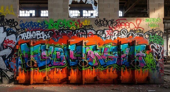 Vivid graffiti adorns a weathered industrial building, showcasing urban decay and vibrant art - Powered by Adobe