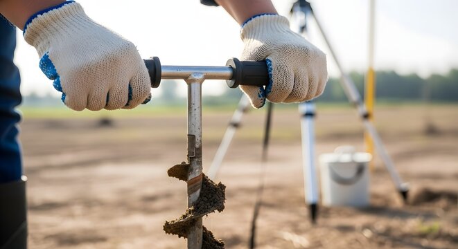 Close-up of a worker in gloves using a hand auger to take a soil sample for analysis.