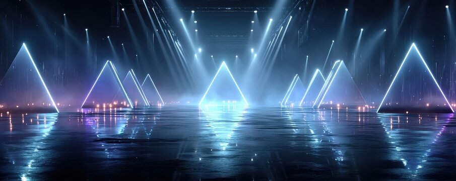 Futuristic neon triangle installation with glowing pyramids on a dark reflective floor, creating immersive geometry