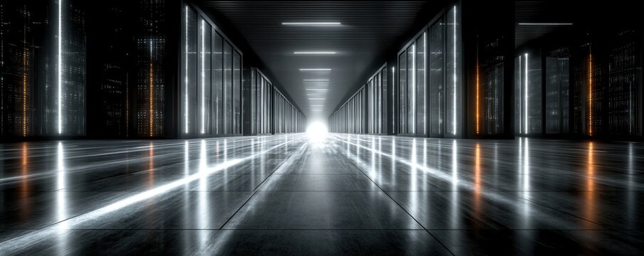 Futuristic neon-lit data center corridor with reflective glass walls and glowing lines creating depth