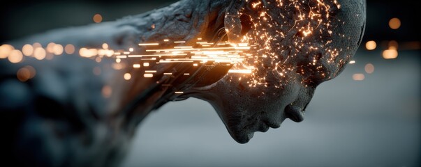 Digital human head with glowing brain and circuitry, futuristic AI concept for technology and innovation