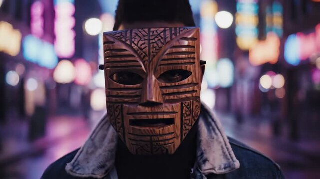 Man in Square Wooden Mask - A person wearing a patterned wooden square mask that covers the face. The mask features horizontal lines and an intricate design, while the background is blurred with neon