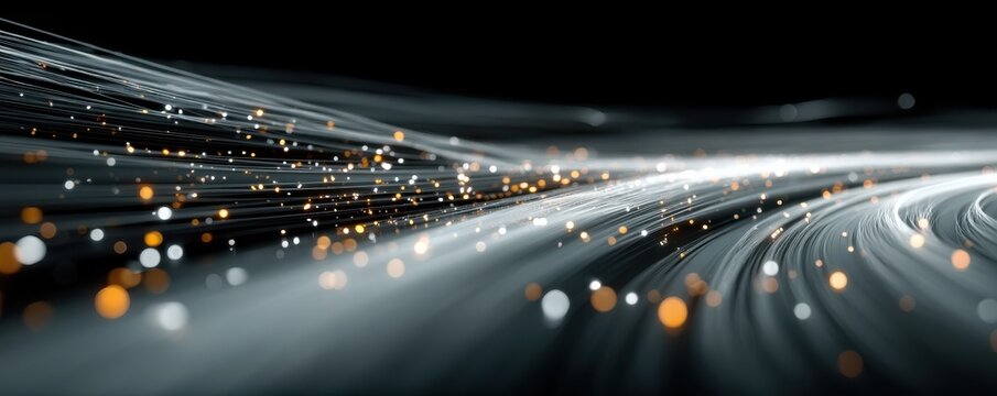 Digital wire with flowing binary code and glowing orange lights creating a futuristic data stream - Powered by Adobe