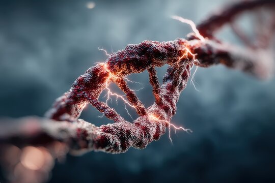 Dramatic double helix DNA illuminated by lightning bolts across a dark backdrop - Powered by Adobe