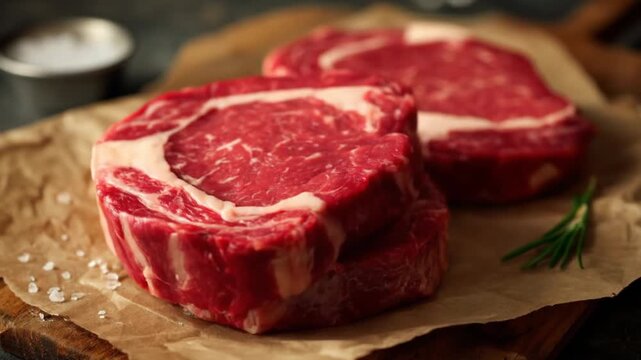 Two raw ribeye steaks marbled with fat rest on parchment, a gloved hand above rustic thick board