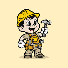Cartoon Construction Worker Boy Mascot Holding Hammer