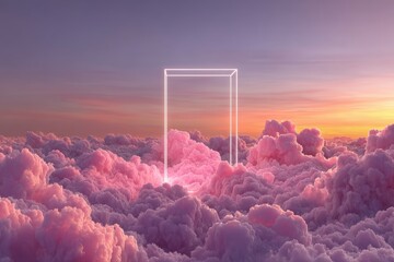 Dreamy pink and purple sunset clouds with a glowing neon frame in the sky