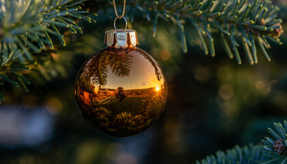 Golden Single Lone Christmas Tree Ornament Close-Up