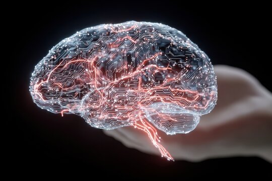Holographic digital brain floating above a hand with glowing circuitry and red lights