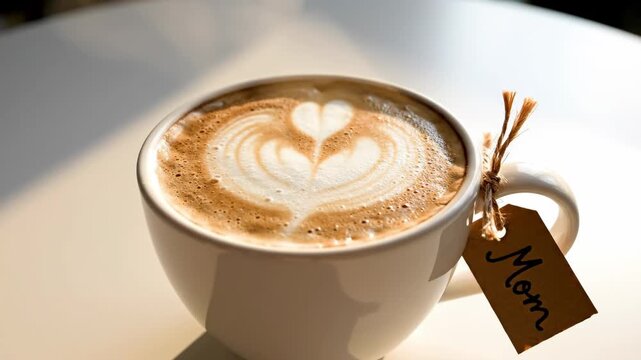 Heart Latte Art Mug Gift for Mom - This video features a white ceramic mug filled with a delicious latte, adorned with a delicate heart latte art design.
