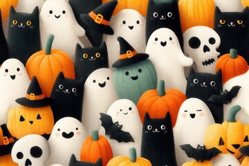 Halloween plush pattern with pumpkins, ghosts, bats, hats, and friendly cats for festive stock use