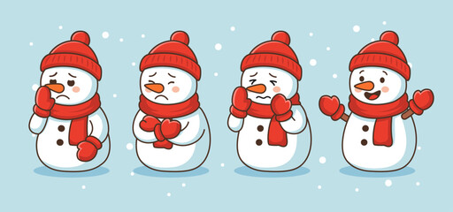 Cute Snowman Characters in Winter &ndash; Cartoon Vector Set with Happy, Sad, and Cold Expressions