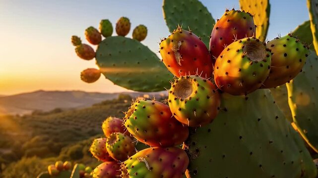 The video captures a close-up of vibrant prickly pear fruits growing abundantly on a succulent cactus pad, beautifully illuminated by the warm, golden light of either sunrise or sunset. The edible fru