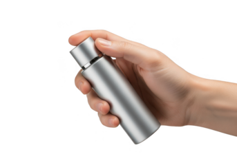 Hand holding a silver spray bottle, isolated on a white background isolated on transparent background