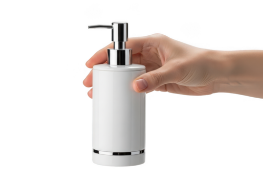 Hand pressing a white soap dispenser with chrome accents, isolated on a white background isolated on transparent background
