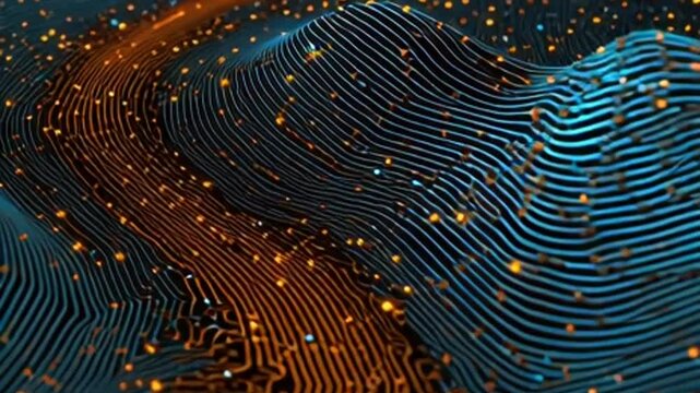 Wavy circuit board terrain with glowing particles