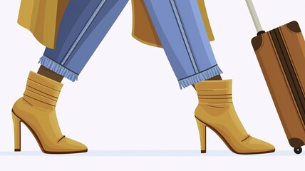 Woman walking with suitcase, wearing yellow boots and blue jeans