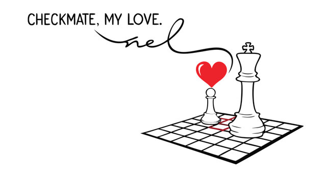 Romantic checkmate with a red heart above the pawn and romantic text checkmate my love on white background