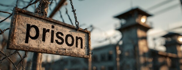 Sign reading prison hanging near barbed wire and guard towers
