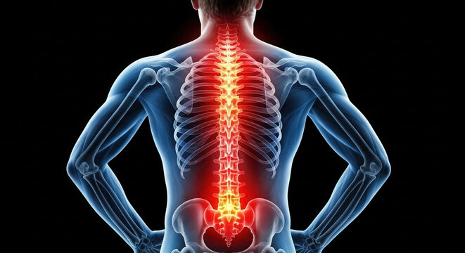 Anatomy of human skeleton with glow on spine as symbol for backpain or another illness of back with isolated black background
