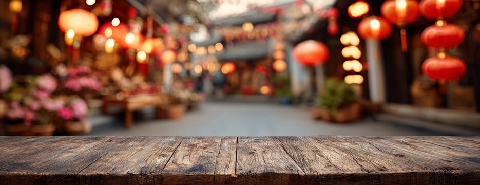 Wooden empty table top with blurred background of lanterns for Chinese New Year celebration. Banner with copy space