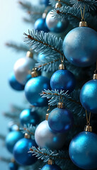 Close up view of numerous blue and silver ornaments hanging on a frosted pine tree creating a winter atmosphere