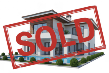 Modern House with Pool and Sold Stamp isolated on a transparent background