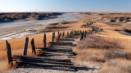 A weathered wooden fence follows a path through golden, dry grasslands towards a wide river valley with rolling hills under a clear blue sky.