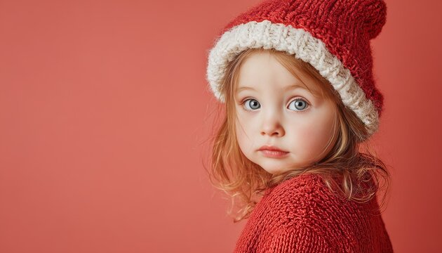 Young child wearing a textured red knit winter hat and matching sweater poses against a solid background.
