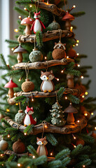 Close-up of evergreen tree decorated with charming forest creatures, natural elements, and glowing lights, festive decor