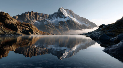 beautiful alpine landscape, snow-capped peaks, alpine lake reflecting mountains, sea of clouds, sunrise alpenglow