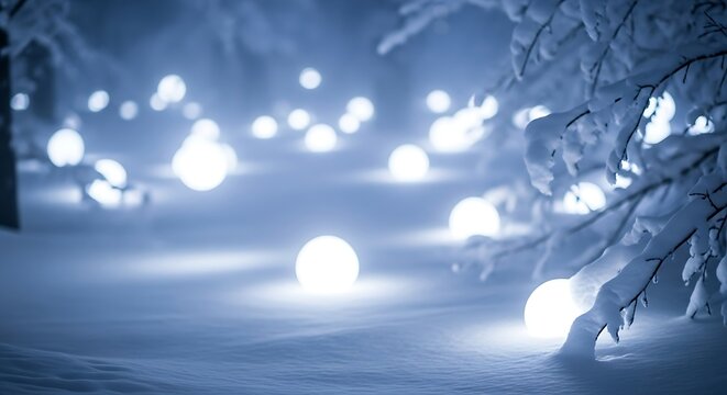 Magical winter forest path illuminated by glowing orbs of light - Powered by Adobe