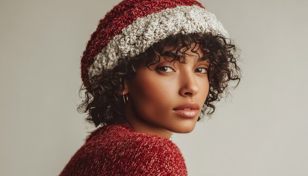 Attractive young woman with dark curly hair wears a striped knit cap and warm sweater - Powered by Adobe