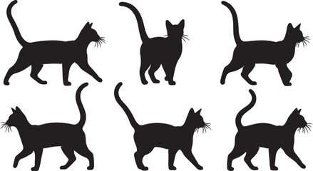 Set of black cat silhouettes in various poses, walking, sitting, stretching, and jumping, isolated vector illustrations on white background.