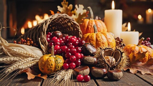 Autumn Harvest Thanksgiving Arrangement - A rustic Thanksgiving arrangement featuring a cornucopia overflowing with cranberries, pumpkins, and chestnuts is displayed on a wooden table.