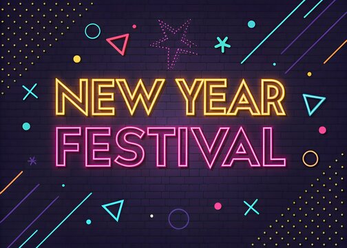New Year Festival Neon Sign Brick Wall Background
