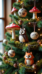 Close-up of evergreen tree branches adorned with whimsical woodland ornaments, moss, and glowing lights, cozy atmosphere