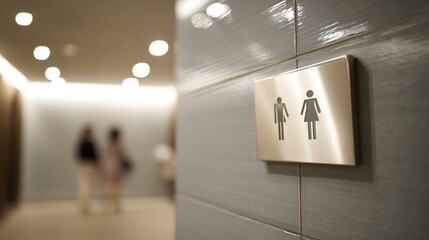 A clear sign indicates the women's restroom, mounted on a modern, tiled wall. Soft lighting and blurred figures in the background suggest a public space, with a minimalistic, clean design.