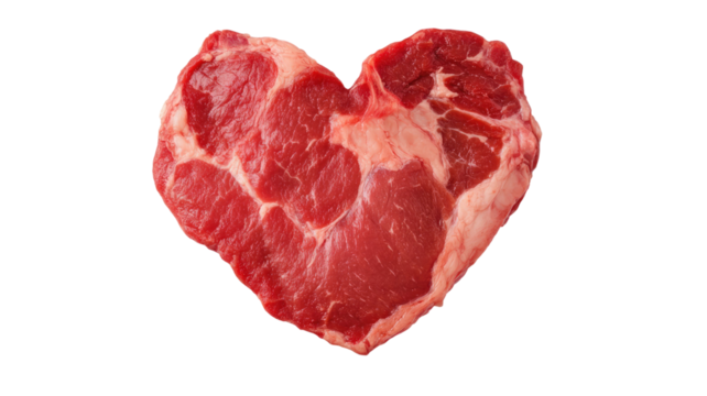 Heart-shaped raw red meat showcasing fresh vibrant texture and smooth surface with unique cut detail isolated on white background