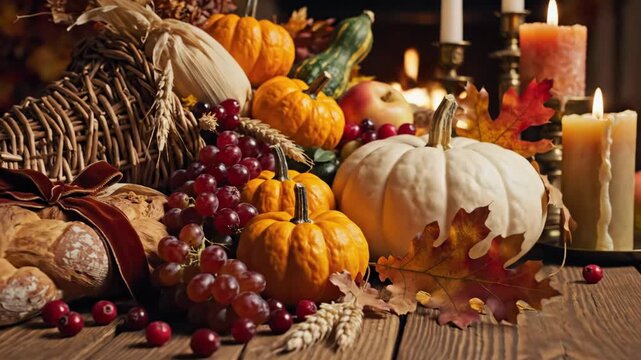 Thanksgiving Rustic Table Arrangement - A beautiful seasonal Thanksgiving arrangement is displayed on a rustic wooden table, featuring pumpkins, grapes, bread with a velvet ribbon, a cornucopia, and