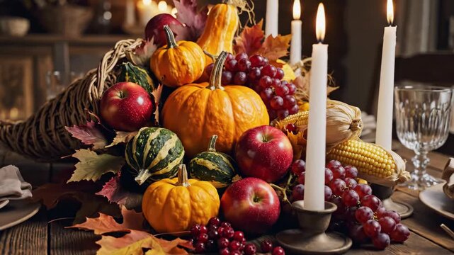 Thanksgiving Rustic Table Arrangement - A cornucopia filled with pumpkins, apples, gourds, grapes, and autumn leaves sits on a rustic wooden table.