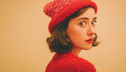 Young woman wearing a bright red knitted cap and sweater gazes over her shoulder against a warm muted background
