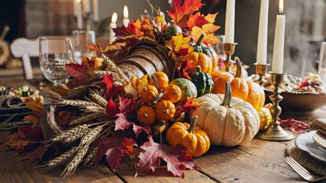 Rustic Thanksgiving Table Arrangement - A Thanksgiving table is adorned with a cornucopia overflowing with pumpkins, gourds, and fall leaves.