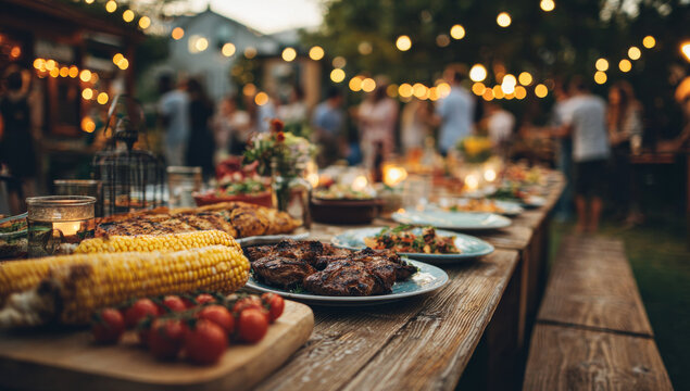A lively outdoor gathering with a variety of delicious grilled foods, fresh vegetables, and warm lighting creating a festive and inviting atmosphere