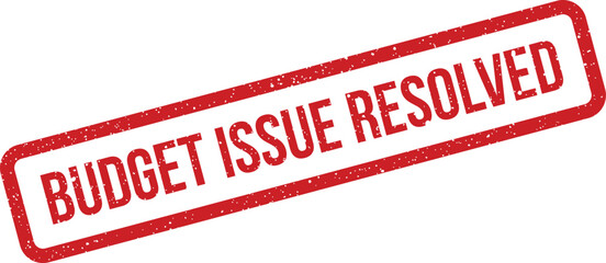 Distressed rectangular stamp indicating a financial budget issue has been successfully resolved and closed