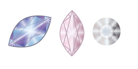 Three faceted gemstones, including blue, pink marquise cuts and a silver round cut, isolated on transparent background