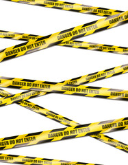 Vector illustration. Vertical caution and danger yellow protection and warning ribbon isolated on white background.