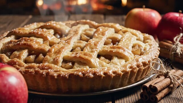 Fresh Apple Pie with Cinnamon on Wooden Table - This video features a freshly baked apple pie with a lattice crust, steaming gently on a wooden table.
