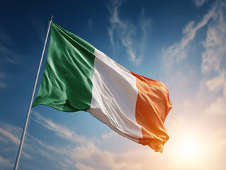 National flag of Ireland waving on a flagpole against a blue sky with sun flare. Irish green, white, and orange tricolor symbol during sunset or sunrise.