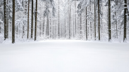 Naklejka premium Snowy forest pathway with tall pine tree trunks and soft icy haze, serene winter scene